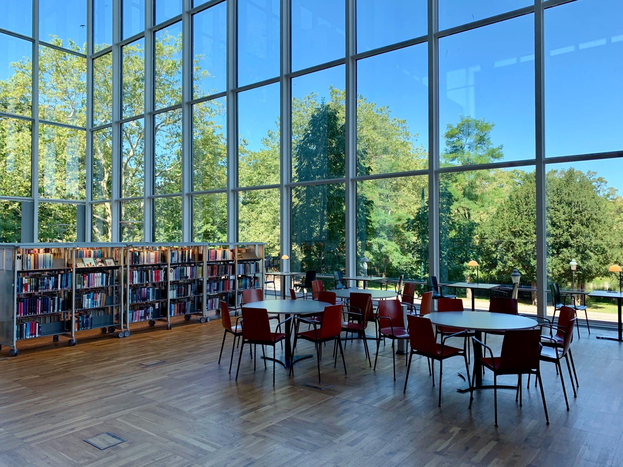 View of a Library with Tables, Big Windows and Trees